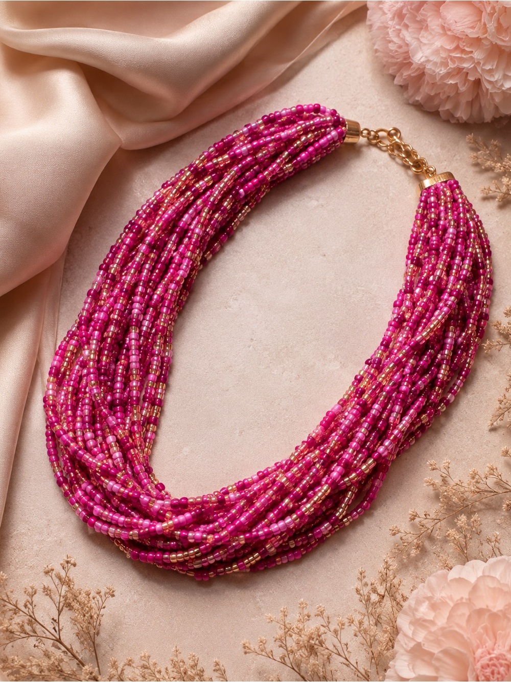 Handcrafted Fuchsia Seed Bead Multi-Strand Necklace